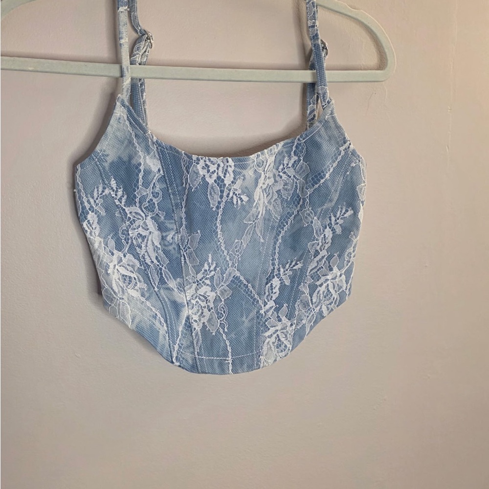 Cider Blue and White Lace Crop Top